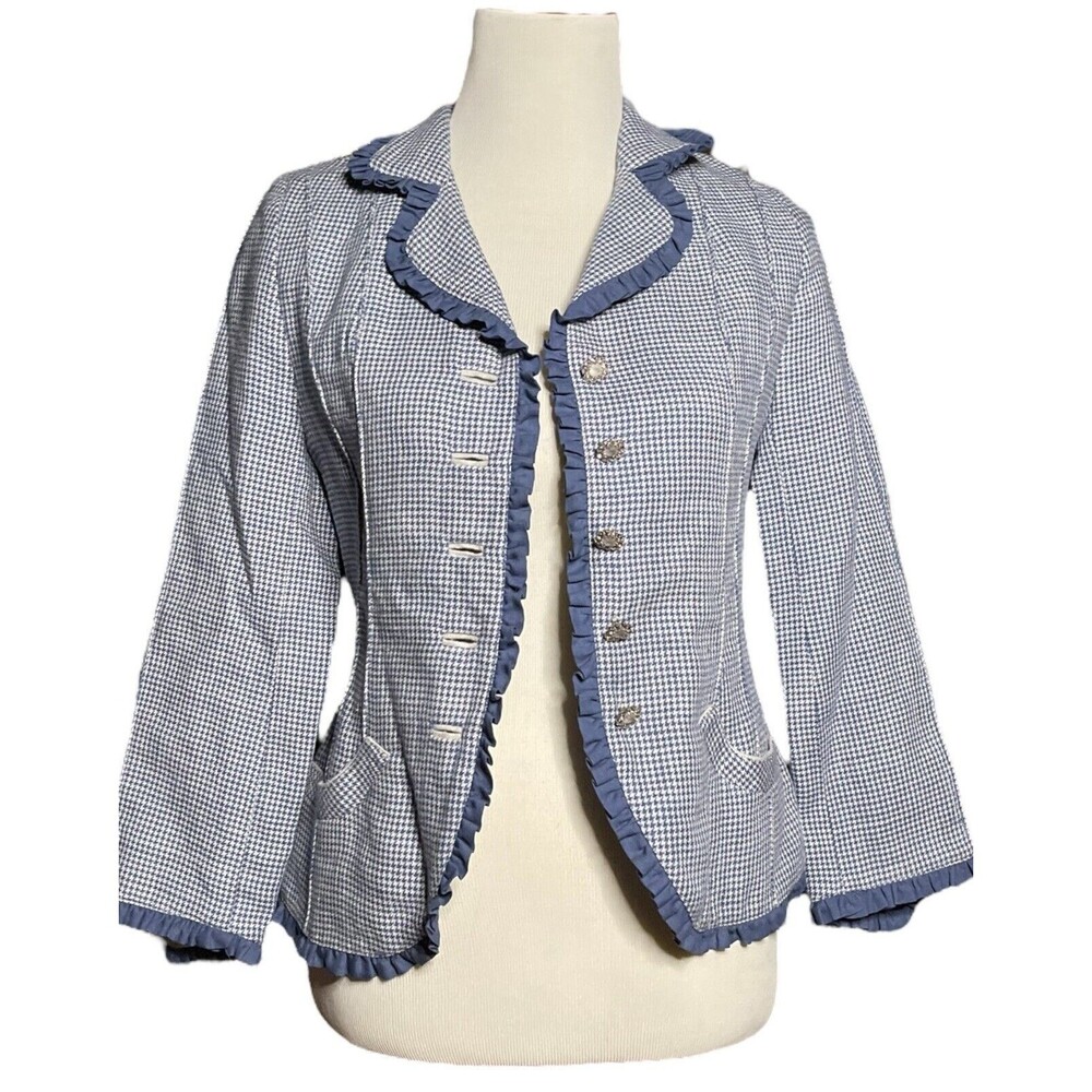 Susanne Spatt Blazer Jacket Womens 32” Bust Blue Ruffles Pockets Buttons READ